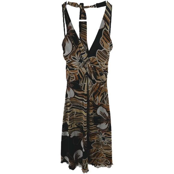 Vintage Cache Floral Halter Sheath Midi Dress V Neck Twist Y2K Tan Black S - Picture 2 of 4